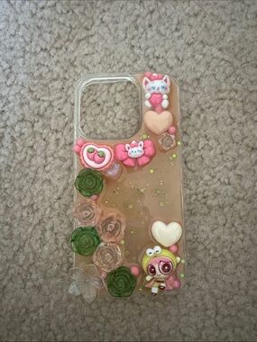 Pink Clear Cute Kawaii Floral Phone Case with Pink and green charms